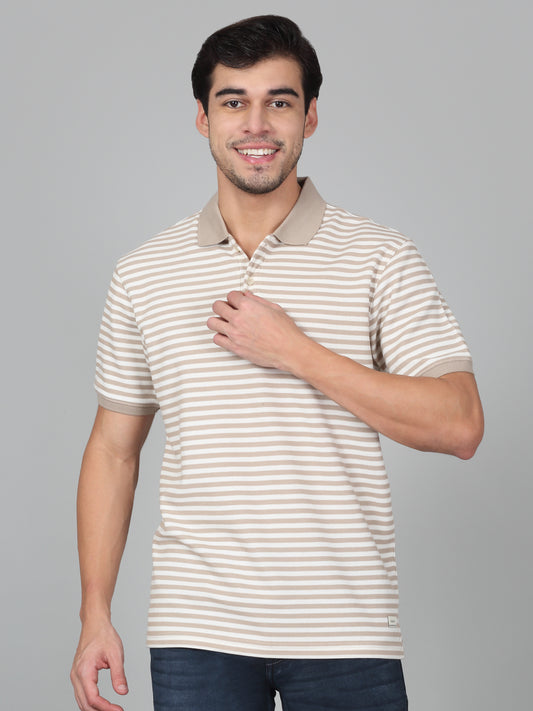 T-Shirt for Men | Breathable & Soft with Color Fastness Regular Fit Polo Neck Poly Cotton Fabric Striped Pattern