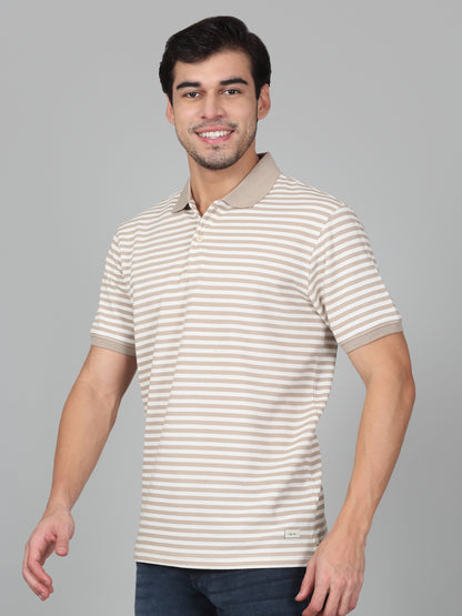 T-Shirt for Men | Breathable & Soft with Color Fastness Regular Fit Polo Neck Poly Cotton Fabric Striped Pattern