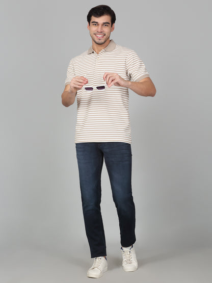 T-Shirt for Men | Breathable & Soft with Color Fastness Regular Fit Polo Neck Poly Cotton Fabric Striped Pattern