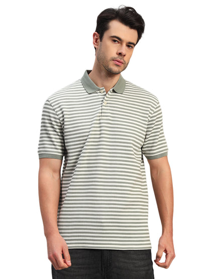 T-Shirt for Men | Breathable & Soft with Color Fastness Regular Fit Polo Neck Poly Cotton Fabric Striped Pattern