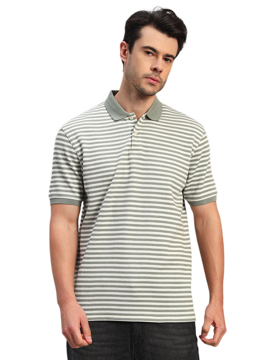 T-Shirt for Men | Breathable & Soft with Color Fastness Regular Fit Polo Neck Poly Cotton Fabric Striped Pattern