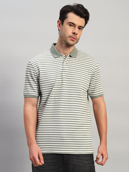 T-Shirt for Men | Breathable & Soft with Color Fastness Regular Fit Polo Neck Poly Cotton Fabric Striped Pattern