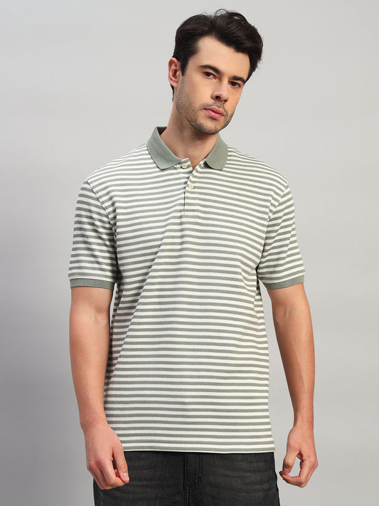 T-Shirt for Men | Breathable & Soft with Color Fastness Regular Fit Polo Neck Poly Cotton Fabric Striped Pattern