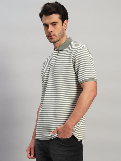 T-Shirt for Men | Breathable & Soft with Color Fastness Regular Fit Polo Neck Poly Cotton Fabric Striped Pattern