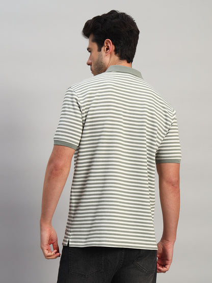 T-Shirt for Men | Breathable & Soft with Color Fastness Regular Fit Polo Neck Poly Cotton Fabric Striped Pattern