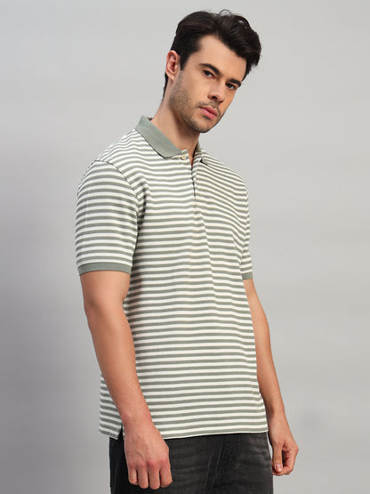 T-Shirt for Men | Breathable & Soft with Color Fastness Regular Fit Polo Neck Poly Cotton Fabric Striped Pattern