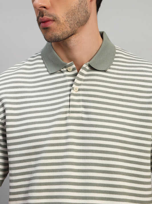 T-Shirt for Men | Breathable & Soft with Color Fastness Regular Fit Polo Neck Poly Cotton Fabric Striped Pattern