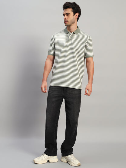 T-Shirt for Men | Breathable & Soft with Color Fastness Regular Fit Polo Neck Poly Cotton Fabric Striped Pattern