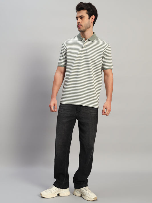 T-Shirt for Men | Breathable & Soft with Color Fastness Regular Fit Polo Neck Poly Cotton Fabric Striped Pattern
