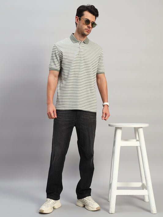T-Shirt for Men | Breathable & Soft with Color Fastness Regular Fit Polo Neck Poly Cotton Fabric Striped Pattern