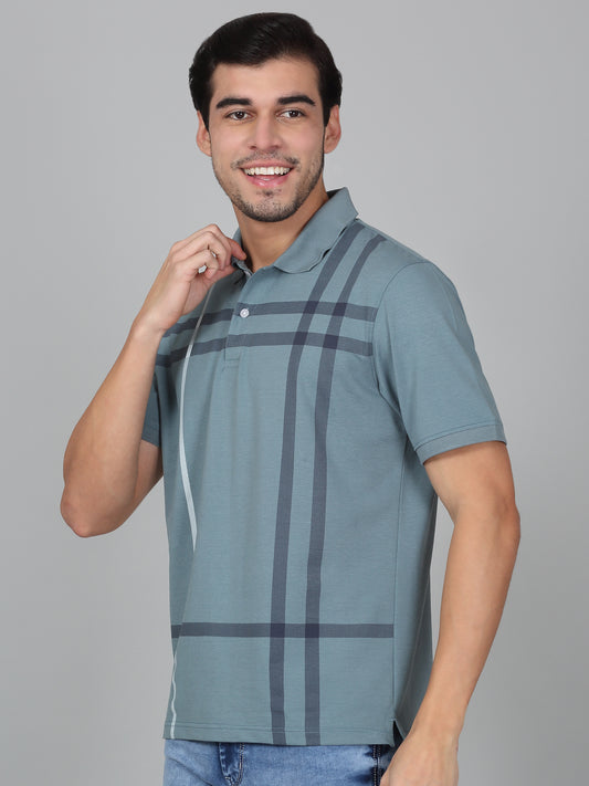 T-Shirt for Men | Breathable & Soft with Color Fastness Regular Fit Polo Neck Cotton Blend Fabric Checkered Pattern
