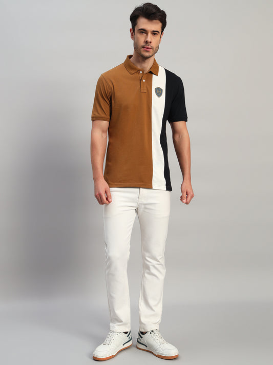T-Shirt for Men | Breathable & Soft with Color Fastness Regular Fit Polo Neck Poly Cotton Fabric Colour Block Pattern