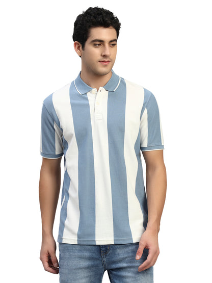 T-Shirt for Men | Breathable & Soft with Color Fastness Regular Fit Polo Neck Poly Cotton Fabric Striped Pattern