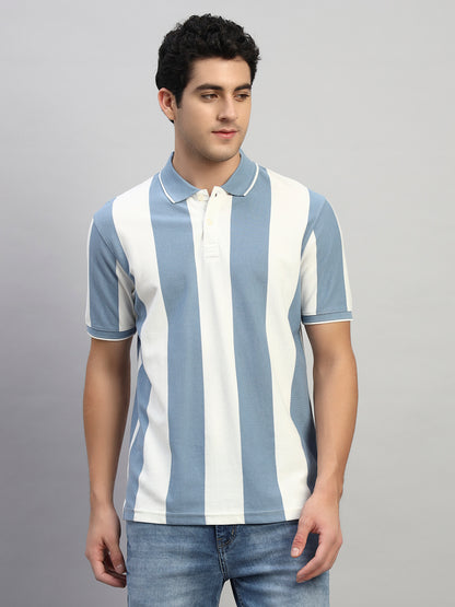 T-Shirt for Men | Breathable & Soft with Color Fastness Regular Fit Polo Neck Poly Cotton Fabric Striped Pattern