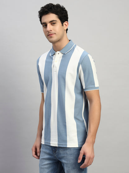 T-Shirt for Men | Breathable & Soft with Color Fastness Regular Fit Polo Neck Poly Cotton Fabric Striped Pattern