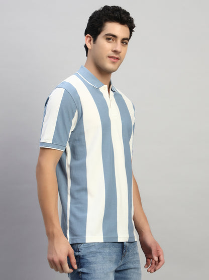 T-Shirt for Men | Breathable & Soft with Color Fastness Regular Fit Polo Neck Poly Cotton Fabric Striped Pattern