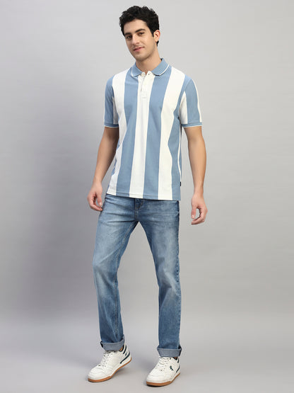 T-Shirt for Men | Breathable & Soft with Color Fastness Regular Fit Polo Neck Poly Cotton Fabric Striped Pattern