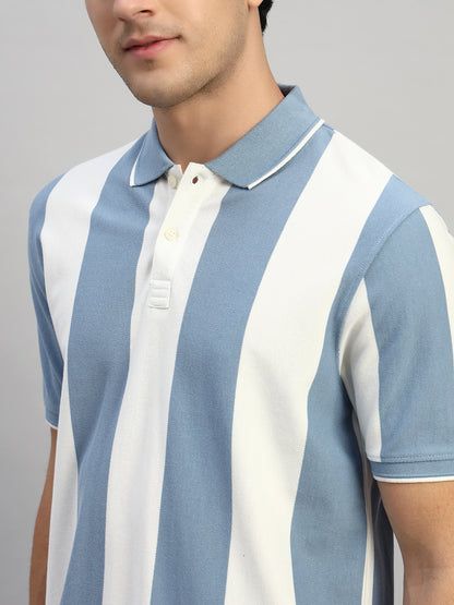 T-Shirt for Men | Breathable & Soft with Color Fastness Regular Fit Polo Neck Poly Cotton Fabric Striped Pattern