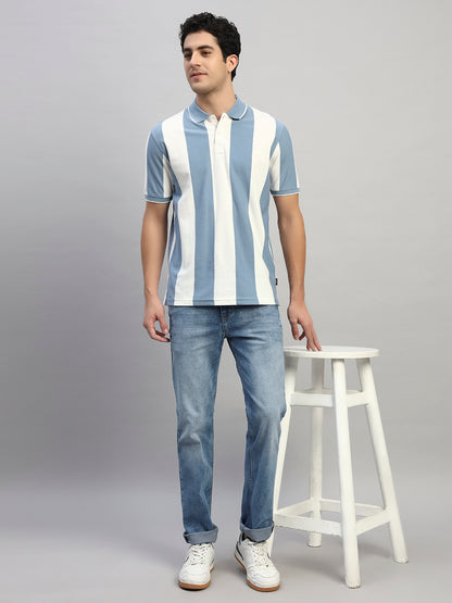 T-Shirt for Men | Breathable & Soft with Color Fastness Regular Fit Polo Neck Poly Cotton Fabric Striped Pattern