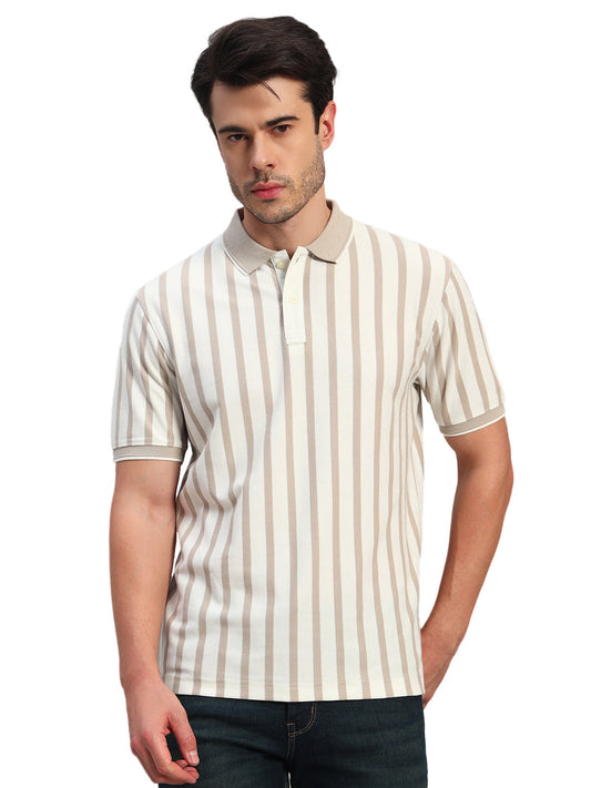 T-Shirt for Men | Breathable & Soft with Color Fastness Regular Fit Polo Neck Poly Cotton Fabric Striped Pattern