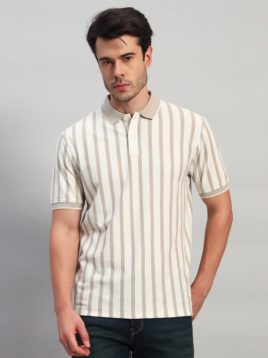 T-Shirt for Men | Breathable & Soft with Color Fastness Regular Fit Polo Neck Poly Cotton Fabric Striped Pattern