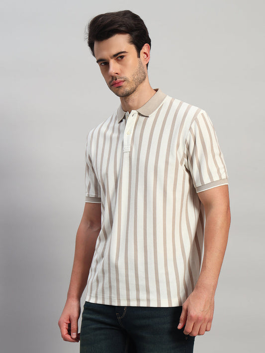 T-Shirt for Men | Breathable & Soft with Color Fastness Regular Fit Polo Neck Poly Cotton Fabric Striped Pattern