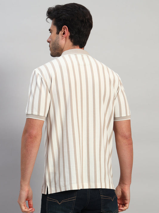 T-Shirt for Men | Breathable & Soft with Color Fastness Regular Fit Polo Neck Poly Cotton Fabric Striped Pattern
