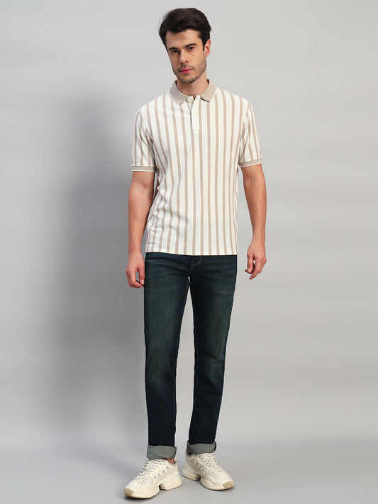 T-Shirt for Men | Breathable & Soft with Color Fastness Regular Fit Polo Neck Poly Cotton Fabric Striped Pattern