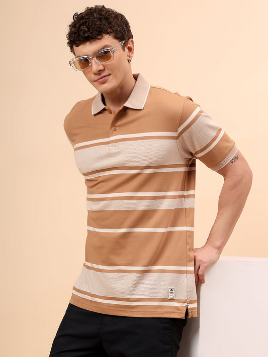 T-Shirt for Men | Breathable & Soft with Color Fastness Regular Fit Polo Neck Cotton Fabric Striped Pattern
