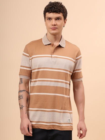 T-Shirt for Men | Breathable & Soft with Color Fastness Regular Fit Polo Neck Cotton Fabric Striped Pattern