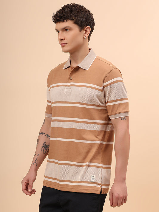 T-Shirt for Men | Breathable & Soft with Color Fastness Regular Fit Polo Neck Cotton Fabric Striped Pattern