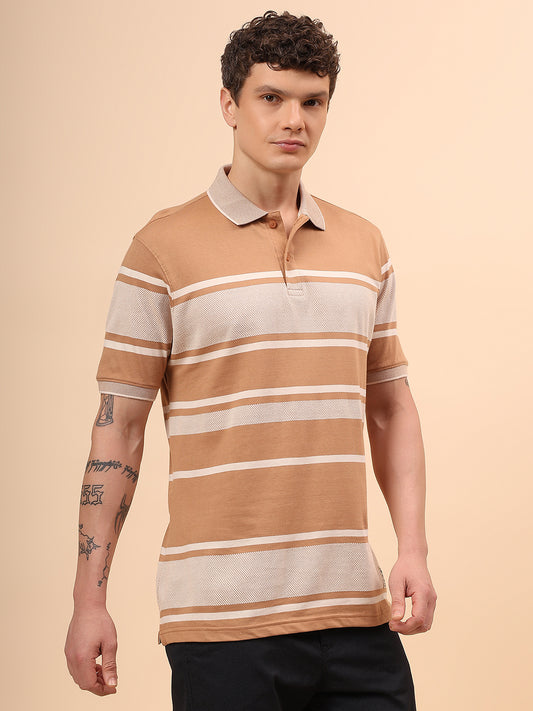 T-Shirt for Men | Breathable & Soft with Color Fastness Regular Fit Polo Neck Cotton Fabric Striped Pattern