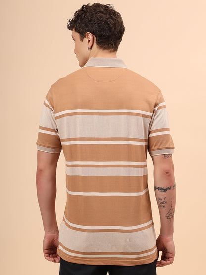 T-Shirt for Men | Breathable & Soft with Color Fastness Regular Fit Polo Neck Cotton Fabric Striped Pattern