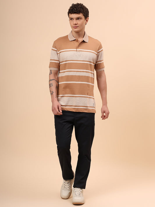 T-Shirt for Men | Breathable & Soft with Color Fastness Regular Fit Polo Neck Cotton Fabric Striped Pattern