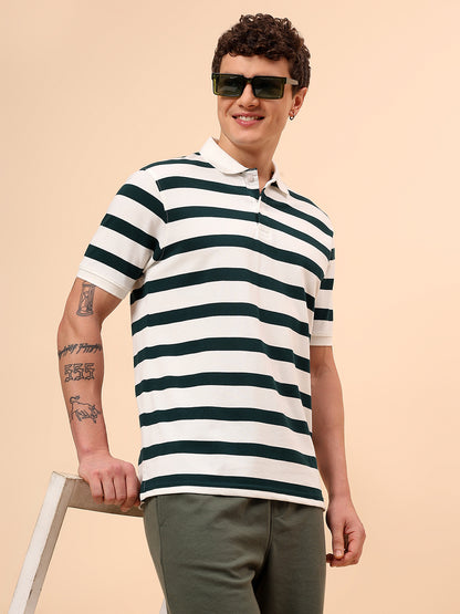 T-Shirt for Men | Breathable & Soft with Color Fastness Regular Fit Polo Neck Poly Cotton Fabric Striped Pattern