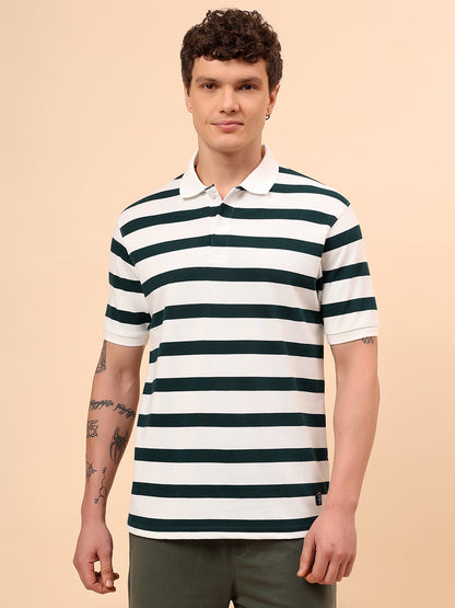 T-Shirt for Men | Breathable & Soft with Color Fastness Regular Fit Polo Neck Poly Cotton Fabric Striped Pattern