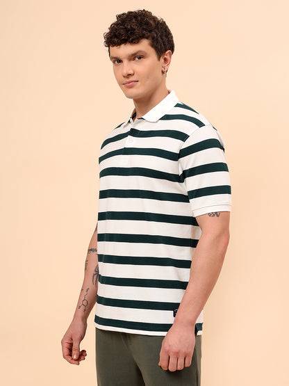 T-Shirt for Men | Breathable & Soft with Color Fastness Regular Fit Polo Neck Poly Cotton Fabric Striped Pattern