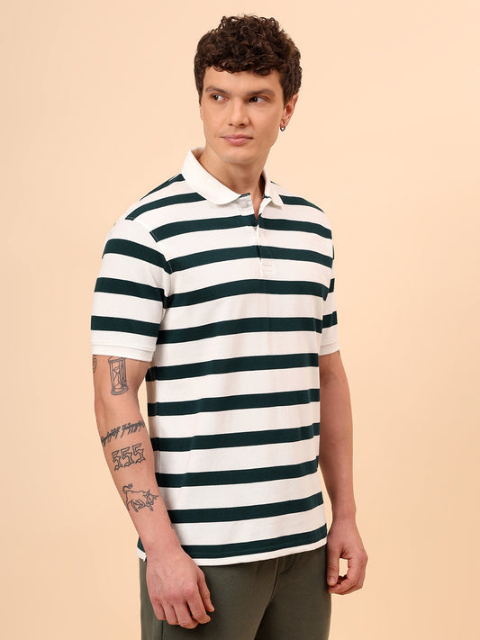 T-Shirt for Men | Breathable & Soft with Color Fastness Regular Fit Polo Neck Poly Cotton Fabric Striped Pattern