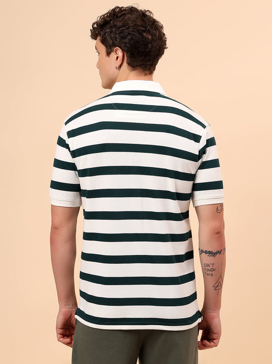 T-Shirt for Men | Breathable & Soft with Color Fastness Regular Fit Polo Neck Poly Cotton Fabric Striped Pattern