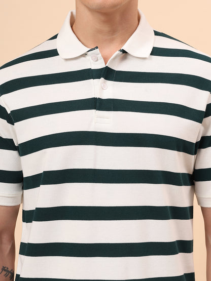 T-Shirt for Men | Breathable & Soft with Color Fastness Regular Fit Polo Neck Poly Cotton Fabric Striped Pattern