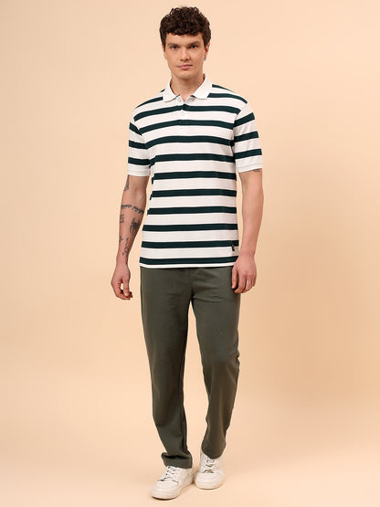 T-Shirt for Men | Breathable & Soft with Color Fastness Regular Fit Polo Neck Poly Cotton Fabric Striped Pattern
