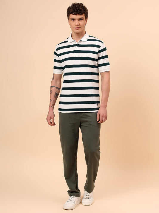 T-Shirt for Men | Breathable & Soft with Color Fastness Regular Fit Polo Neck Poly Cotton Fabric Striped Pattern