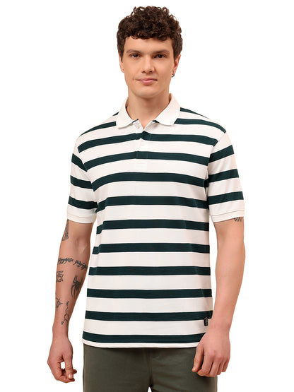 T-Shirt for Men | Breathable & Soft with Color Fastness Regular Fit Polo Neck Poly Cotton Fabric Striped Pattern