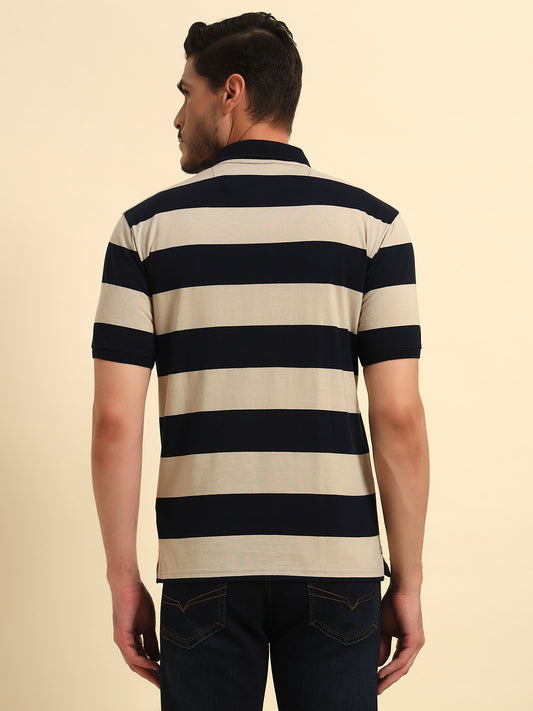 T-Shirt for Men | Breathable & Soft with Color Fastness Regular Fit Polo Neck Poly Cotton Fabric Striped Pattern