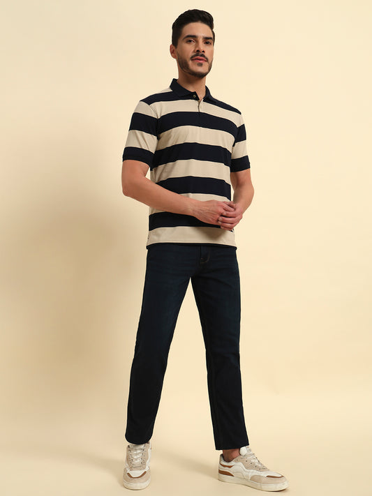 T-Shirt for Men | Breathable & Soft with Color Fastness Regular Fit Polo Neck Poly Cotton Fabric Striped Pattern