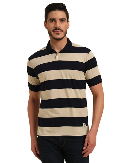 T-Shirt for Men | Breathable & Soft with Color Fastness Regular Fit Polo Neck Poly Cotton Fabric Striped Pattern