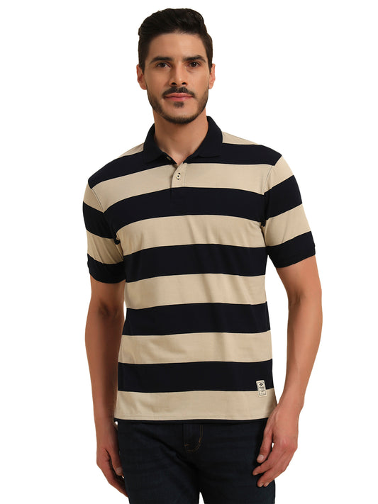 T-Shirt for Men | Breathable & Soft with Color Fastness Regular Fit Polo Neck Poly Cotton Fabric Striped Pattern
