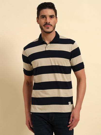 T-Shirt for Men | Breathable & Soft with Color Fastness Regular Fit Polo Neck Poly Cotton Fabric Striped Pattern