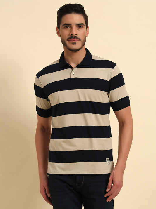 T-Shirt for Men | Breathable & Soft with Color Fastness Regular Fit Polo Neck Poly Cotton Fabric Striped Pattern