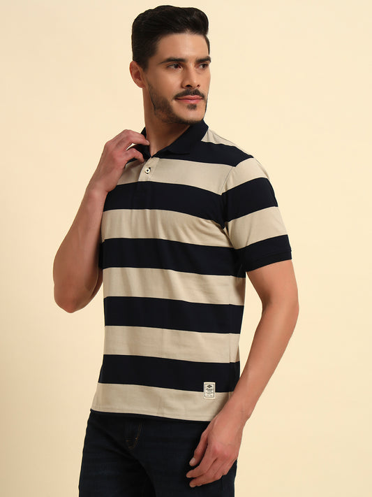 T-Shirt for Men | Breathable & Soft with Color Fastness Regular Fit Polo Neck Poly Cotton Fabric Striped Pattern